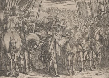 Placa 10: Alexandre encontrando o corpo de Dario, de Os feitos de Alexandre, o Grande, 1608.
