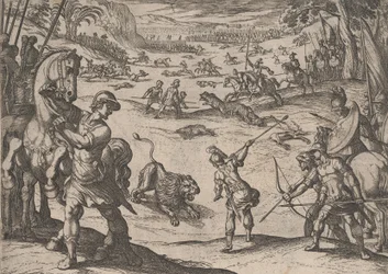 Placa 11: A caça ao leão de Alexandre, de Os feitos de Alexandre, o Grande, 1608.,