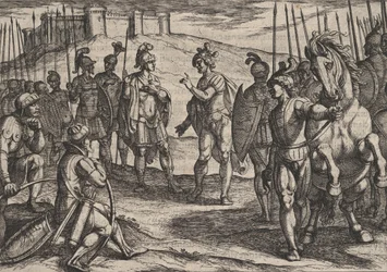 Gravura 15: Civilis tratando com um comandante romano, de A guerra dos romanos contra o ..., 1611.