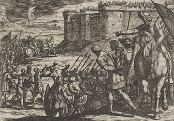 Gravura 16: Cativos Romanos Diante da Antiga Fortaleza, de A Guerra dos Romanos Contra os B..., 1611.