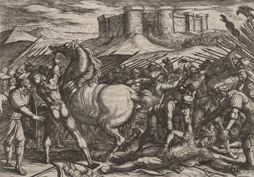 Gravura 17: Os romanos enganados pelo cavalo de Civilis para acreditar que ele estava morto ou ferido, de..., 1611.