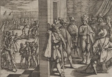 Prancha 18: Reunião secreta de Civilis com outros líderes de Tréveris, de A Guerra dos Romanos contra os Batavos, 1611.