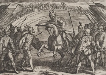 Gravura 22: Civilis separa tropas alemãs e holandesas, de A Guerra dos Romanos Contra o..., 1611.