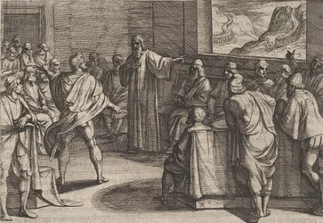 Gravura 23: Conferência sobre os passos a serem tomados sobre as novas tropas romanas que se aproximam ..., 1611.