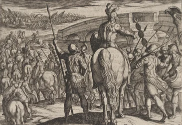 Gravura 24: A Guarda Avançada das Novas Tropas Romanas Recuou, de A Guerra dos Romanos..., 1611.