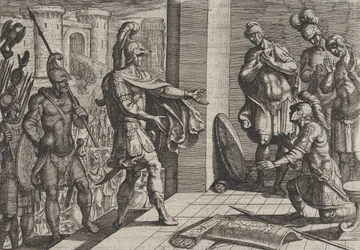 Gravura 26: Cerialis perdoa e alivia soldados romanos que ajudaram Civilis, de The Wa..., 1611.