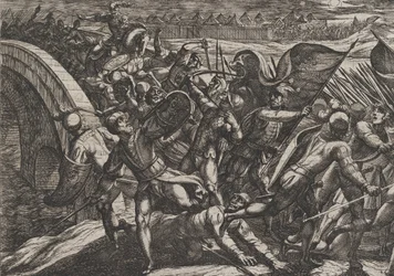 Gravura 27: Os holandeses durante um ataque surpresa do acampamento romano no Mosela, de The Wa..., 1611.