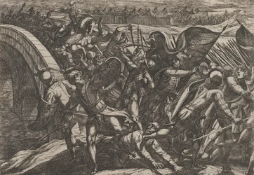 Gravura 27: Os holandeses durante um ataque surpresa do acampamento romano no Mosela, de The Wa..., 1611.
