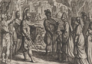 Ilustração 28: Tropas de Colônia trazem a esposa e irmã de Civilis para Cerialis, de A Guerra da R..., 1611.