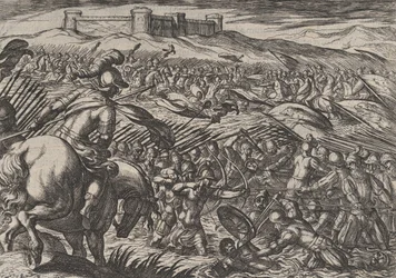 Gravura 29: Civilis inunda a terra quebrando defensivamente os diques, de The War of the R..., 1611.