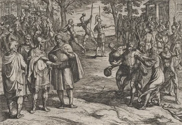 Placa 2: Os romanos tomando holandeses velhos como reféns e seduzindo os jovens, de A guerra..., 1611.