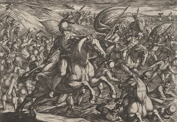 Gravura 30: Cerialis Conduzindo os Holandeses no Reno, de A Guerra dos Romanos Contra o..., 1611.