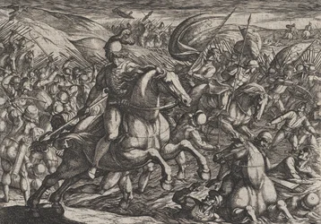 Gravura 30: Cerialis Conduzindo os Holandeses no Reno, de A Guerra dos Romanos Contra o..., 1611.