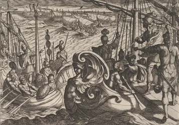 Gravura 33: Flotilhas holandesas e romanas no Reno, de A guerra dos romanos contra o B..., 1611.