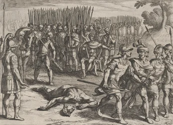 Gravura 3: Claudius Civilis preso e seu irmão Paulus decapitado, de The War of the Ro..., 1611.