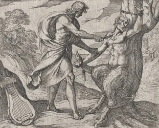 Placa 58: Apollo matando Marsyas Marsyas conquistado por Apollo é escoriado, de Ovídio 