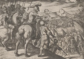 Placa 5: Alexandre dirigindo uma batalha, de Os feitos de Alexandre, o Grande, 1608.,