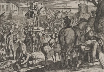 Prancha 5: Bruno nomeado líder dos caninefates, de A Guerra dos Romanos contra os..., 1611.