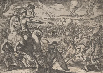 Placa 6: Dario fugindo do campo de batalha, de Os feitos de Alexandre, o Grande, 1608.