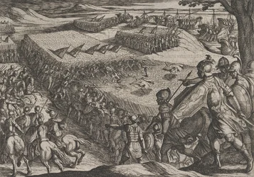 Gravura 6: Romanos Derrotados Perto do Reno, de A Guerra dos Romanos Contra os Batavos..., 1611.