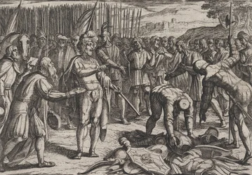 Gravura 7: Enviados alemães visitam Civilis, de A Guerra dos Romanos Contra os Batavos Ro..., 1611.