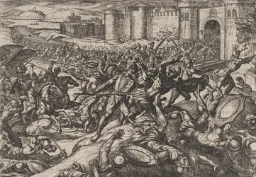Gravura 9: Os Romanos Derrotados pelas Tropas Holandesas em Bonna, de A Guerra dos Romanos Agai..., 1611.