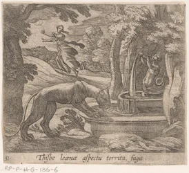 Thisbe vlucht para o leeuwin pelo bron Este é um aspecto do território fugitivo (título no objeto) Metamorfose e Transformação (título da série) As Metamorfoses de Ovídio (título da série)