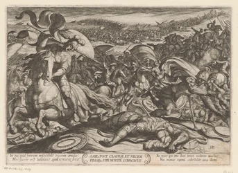 Suicídio de Saul após a sua derrota pelos filisteus. Saul post cladem et necem fillor sibl morte conscivit (título no objeto). Cenas de batalha do Antigo Testamento (título da série)