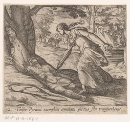 O suicídio de Tisbe - Thijsbe Pyrami exemplum aemulata pectus sibi transuerberat (título no objeto) - Metamorphoseon sive transformationum (título da série) - Metamorfoses de Ovídio (título da série)