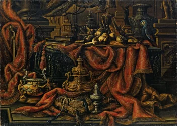 Talheres, bandeja de frutas e doces (óleo sobre tela)