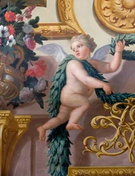 Detalhe de um mural, mostrando um querubim segurando uma coroa de louros e guirlanda, A Casa do Banquete