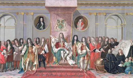 James II (1633-1701) Recebendo os Acadêmicos Matemáticos do Guache do Hospital de Cristo em papel) (detalhe de 234983)