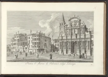 Vista do Campo Santa Maria Zobenigo em Veneza
Area S. Rocchi cum ejusdem Templo et Schola (título sobre o objecto)
Vistas de edifícios e praças em Veneza (título da série)
Urbis Venetiarum prospectus celebrriores, ex Antonii Canal tabulis XXXVIII aere e