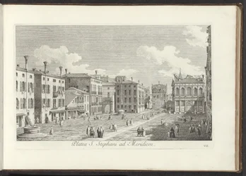 Gezicht op Campo Santo Stefano te Venetië Praça de Santo Estêvão ao Sul (título no objeto) Gezichten op bugemenen en pleinen in Venetië (título da série) As vistas mais famosas da cidade de Veneza, dos 38º painéis do Canal Antonius, impressos em latão por 