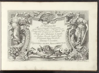 Impressão de título com cartucho retratando Sabedoria e Força
Vistas de grandes canais em Veneza (título da série)
Prospectus Magni Canalis Venetiarum (título da série sobre o objecto)