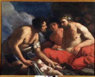 Palamedes e Odisseu com Telêmaco (?) bebê (Palamedes e Odisseu). Pintura de Antonio Zanchi (1631-1722). Óleo sobre tela