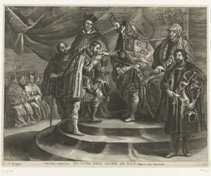 Troonsafsand van Karel V; intocht van Ferdinand te Gent em 1635 (blad 25) Charles despojou-se do Reino e do Império / Você agora será o segundo a ele / Filipe II toma o Reino de seu pai (título no objeto)