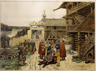 Corte feudal de um príncipe russo (Numa aldeia medieval, o senhor senta-se numa cadeira no pátio de uma casa de madeira, rodeado pelos seus soldados e conselheiros, ouvindo as queixas dos camponeses). Trabalho de Appolinari Mikhaylovich Vasnetsov