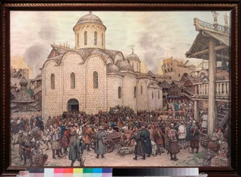 A invasão de Moscou pelo Khan Tokhtamych (Toqtamych) (falecido em 1406), em 1382 (Captura da cidade pela Horda Dourada) - Obra de Appolinari Mikhaylovich Vasnetsov (1856-1933), aquarela e carvão sobre papel