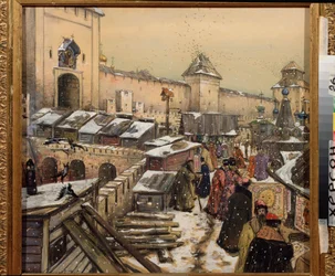 Moscou no século XVII, Livrarias na ponte Cristo Salvador (Moscou no século XVII, Livrarias na ponte Cristo Salvador) - Obra de Appolinari Mykhaylovich Vasnetsov (1856-1933), aquarela e branco sobre papelão