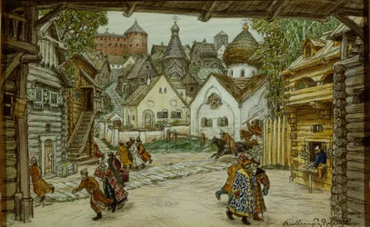 Cenografia da ópera Oprichnik The Guardsman de Pyotr Tchaikovsky, 1911