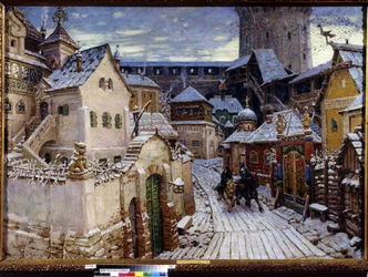 Um anúncio. Uma manhã no Kremlin de Moscou. (A Arautos. De Manhã no Kremlin). Pintura de Appolinari Mikhaylovich Vasnetsov (1856-1933), óleo sobre tela