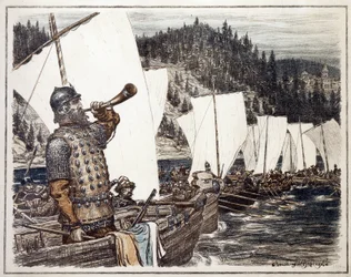 Yermak Timofeyevich (ca. 1540-1585) sobre o rio Irtysh. Episódio da exploração e conquista da Sibéria em 1583. Obra de Appolinari Mikhaylovich Vasnetsov (1856-1933), litografia 1916. Arte russa, 20