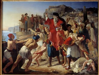 O embarque dos Parganiotes. Cena da história durante a Guerra da Independência Grega (1819). Pintura de Appollodore Callet (1779-1831)