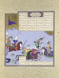 Faramarz cercado enquanto lutava contra Bahman, Folio 475r do Shahnama..., ca. 1530-35.