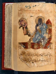 Ou 2784 fol.96 Aristóteles (384-322 aC) e Alexandre, o Grande (356-323 aC) de "Animais e seus usos" de Ibn Bakhtishu (velino)