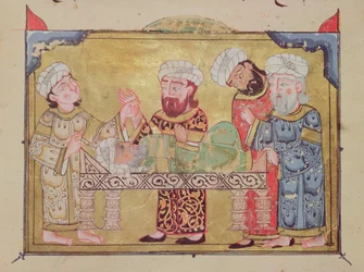 Os médicos visitam seu paciente, cena do The Maqamat de Al-Hariri (guache sobre velino)