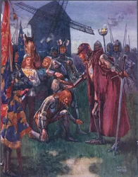 O Príncipe ao Pai se ajoelha humilde: Sua é a batalha - sua totalmente! ilustração de Baladas de lutas famosas, c.1900