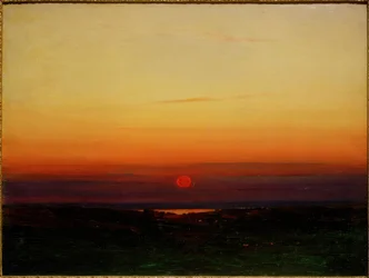 Pôr do sol sobre as estepes em uma costa do lago