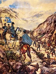 O General José de San Martín, também conhecido como o Libertador do Sul, atravessa os Andes com o seu exército em direção ao Peru